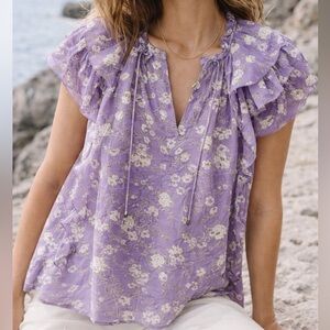 Ulla Johnson Rooney Silk Blouse Size 6 Lavender Floral Ruffle Sleeve Boho Top